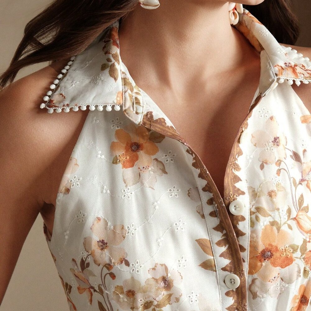 Orange Elegant Women's Sleeveless Floral Print Dress - Picture 9 of 13